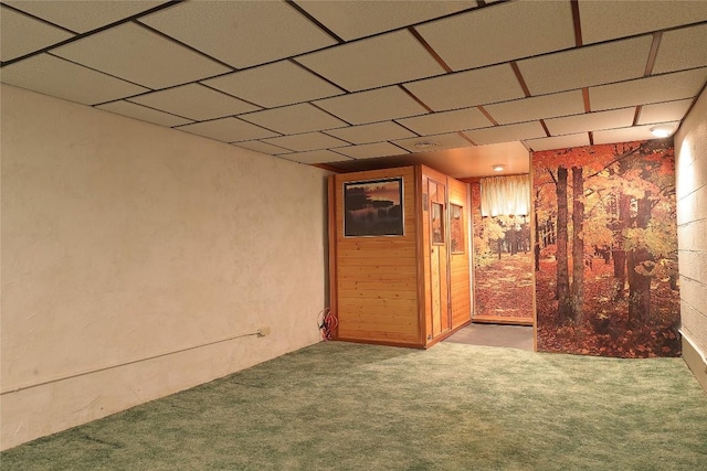 basement with carpet and wood walls