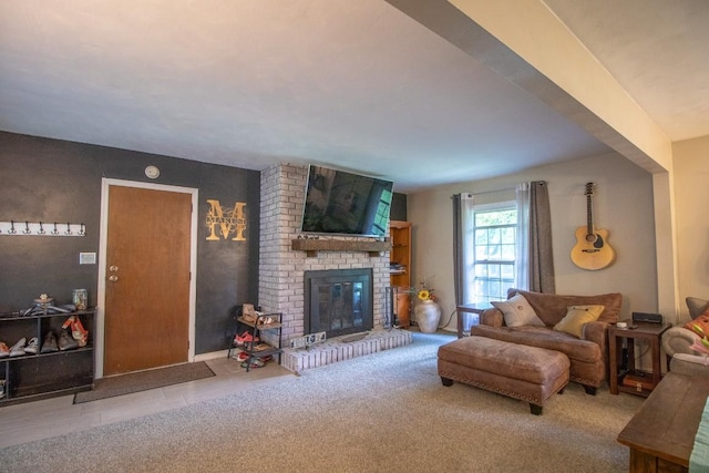 104 Hillcrest Dr, Edinboro, PA 16412 - living area with a brick fireplace and carpet flooring