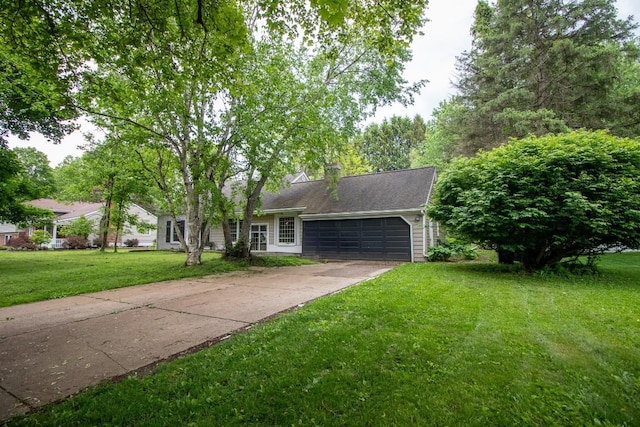 104 Hillcrest Dr, Edinboro, PA 16412 - view of front of house with a garage, concrete driveway, a front lawn, and a chimney
