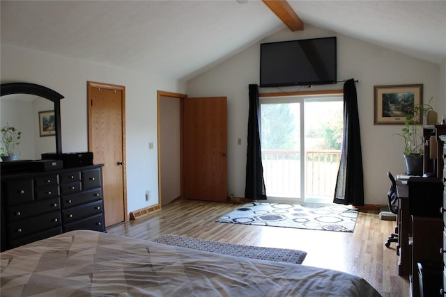 bedroom featuring vaulted ceiling with beams, ceiling fan, access to exterior, and light hardwood / wood-style flooring