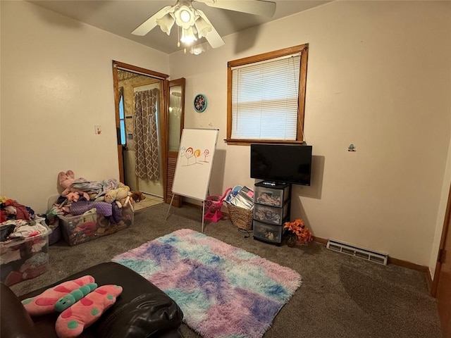 bedroom featuring carpet flooring, ceiling fan, and a closet