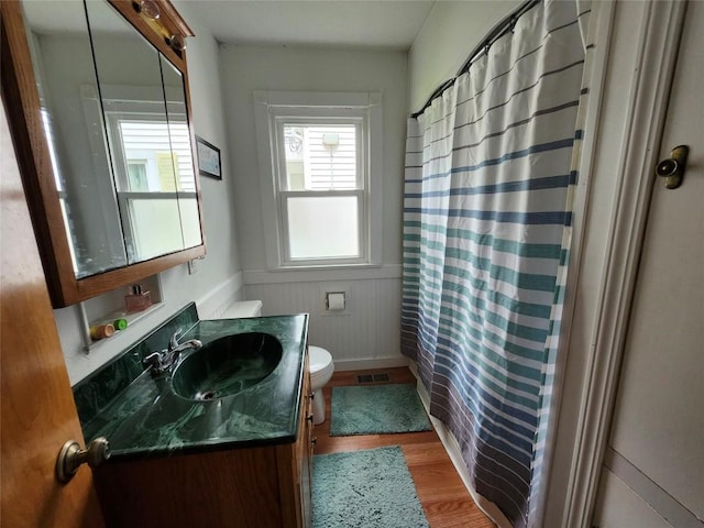 3829 Parade Blvd, Erie, PA 16504 - bathroom featuring toilet, vanity, wood finished floors, a wainscoted wall, and a shower with curtain