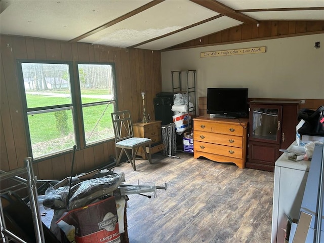 0 Hickory Dr, Espyville, PA 16424 - bedroom with vaulted ceiling with beams, wood finished floors, and wooden walls