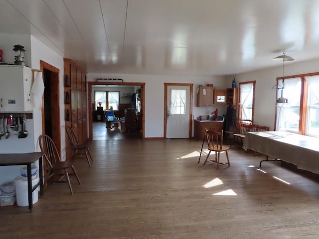 interior space featuring tankless water heater and dark hardwood / wood-style floors