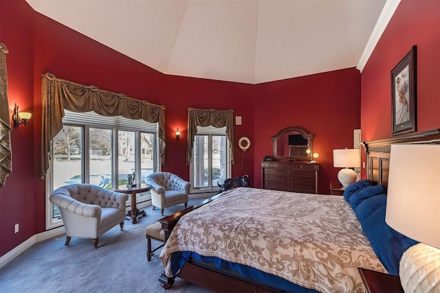 carpeted bedroom featuring a towering ceiling, access to exterior, and baseboards