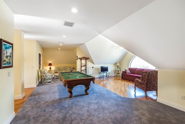 rec room featuring baseboards, visible vents, lofted ceiling, wood finished floors, and pool table