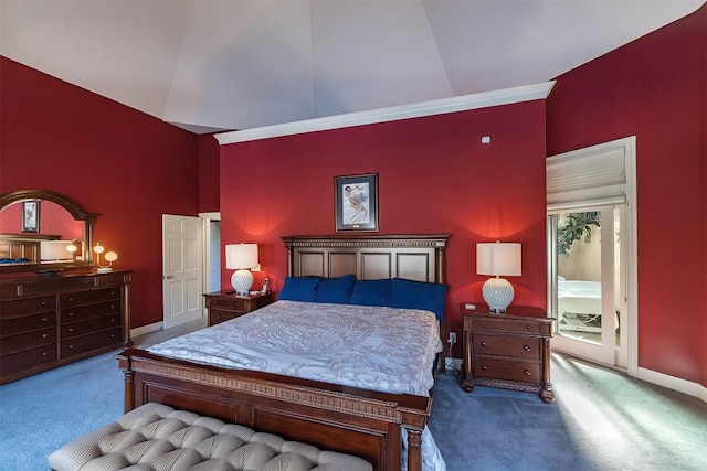 carpeted bedroom with high vaulted ceiling and baseboards