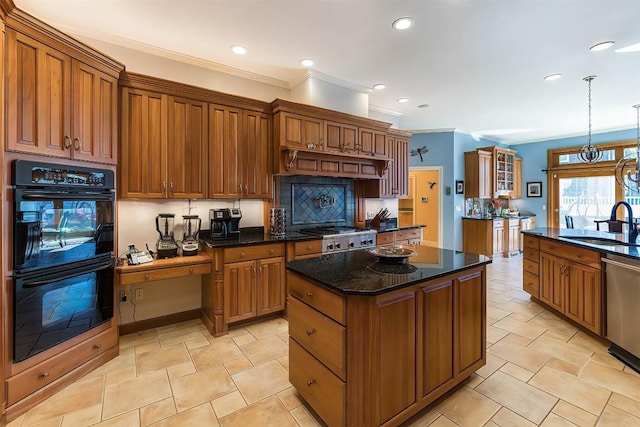 kitchen featuring stainless steel appliances, brown cabinetry, ornamental molding, a sink, and a kitchen island