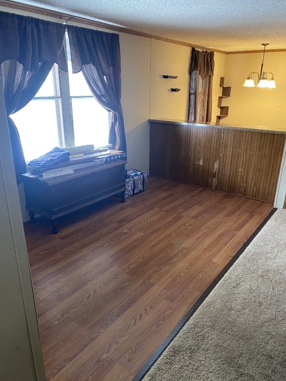 spare room with a chandelier, dark hardwood / wood-style floors, and a textured ceiling