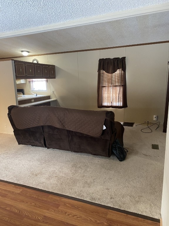 living room with a textured ceiling, ornamental molding, vaulted ceiling, and wood-type flooring