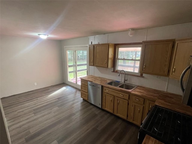 kitchen with wooden counters, black stove, sink, dishwasher, and dark hardwood / wood-style floors