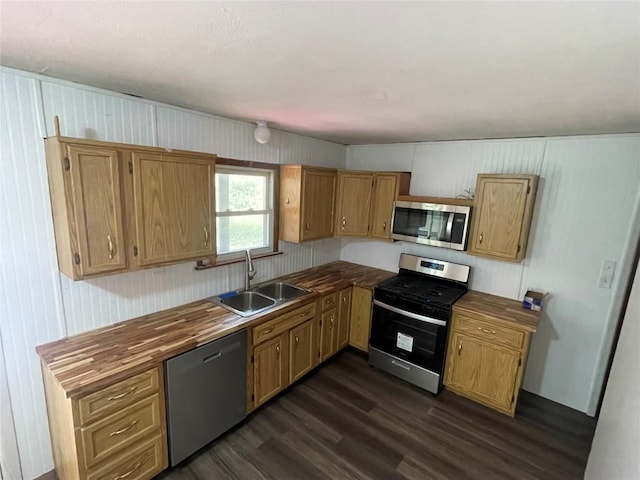 kitchen with butcher block countertops, dark hardwood / wood-style flooring, sink, and stainless steel appliances