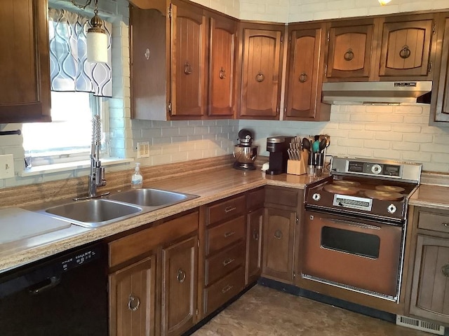 3322 Parade St, Erie, PA 16504 - kitchen with range with electric stovetop, dishwasher, under cabinet range hood, decorative backsplash, and light countertops