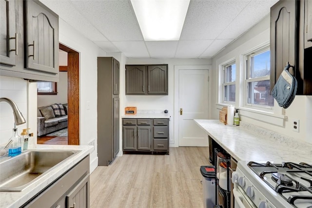 kitchen featuring a paneled ceiling, gray cabinets, sink, and light wood-type flooring