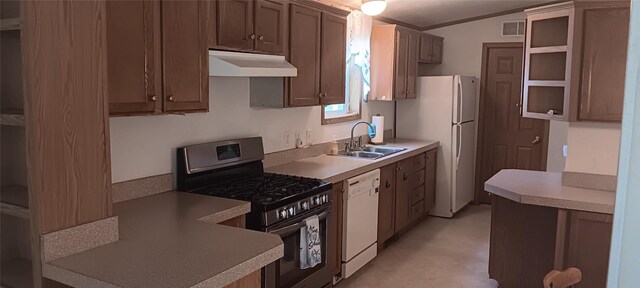 21 Ridgewood Dr, Erie, PA 16426 - kitchen featuring white appliances, under cabinet range hood, open shelves, and light countertops