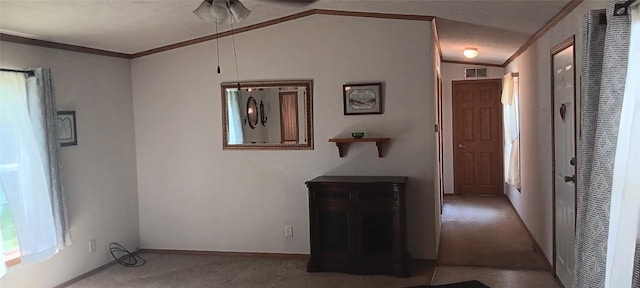 21 Ridgewood Dr, Erie, PA 16426 - hallway featuring ornamental molding, carpet, a heating unit, and vaulted ceiling