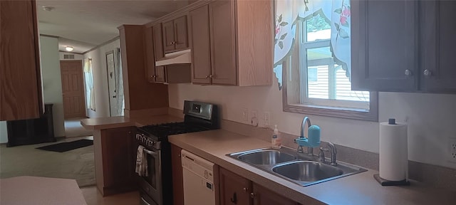 21 Ridgewood Dr, Erie, PA 16426 - kitchen with stainless steel gas stove, white dishwasher, under cabinet range hood, and light countertops