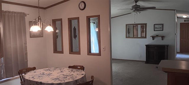 21 Ridgewood Dr, Erie, PA 16426 - carpeted dining room featuring ceiling fan, a chandelier, and crown molding