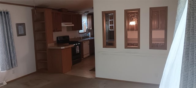 21 Ridgewood Dr, Erie, PA 16426 - kitchen featuring electric range, under cabinet range hood, white dishwasher, and brown cabinetry