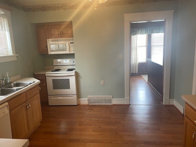 kitchen with dark hardwood / wood-style flooring, sink, and white appliances