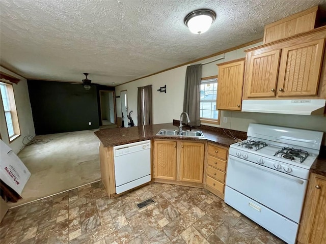 kitchen featuring kitchen peninsula, white appliances, ceiling fan, sink, and range hood