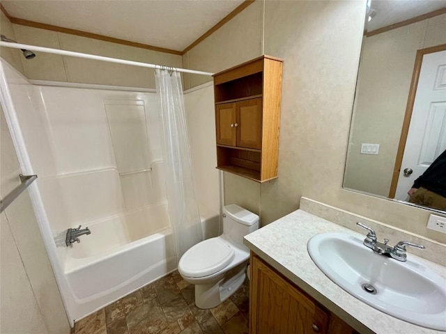 full bathroom featuring crown molding, vanity, shower / bath combination with curtain, and toilet