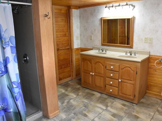 bathroom featuring wooden walls, vanity, wooden ceiling, and walk in shower