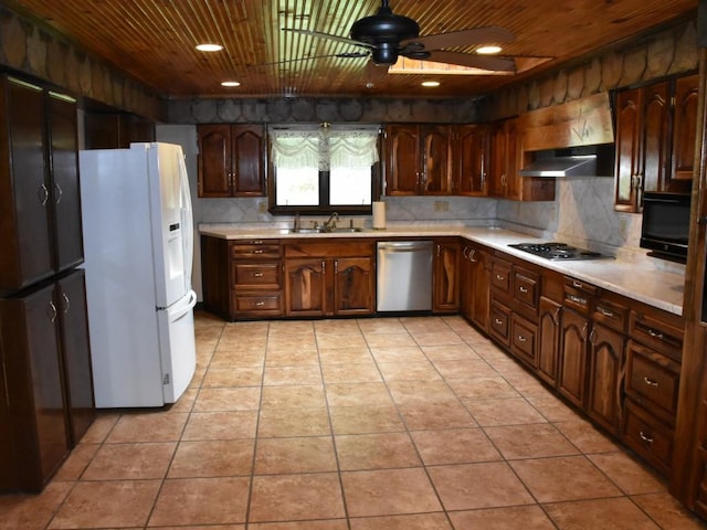 kitchen with wood ceiling, stainless steel appliances, extractor fan, ceiling fan, and sink