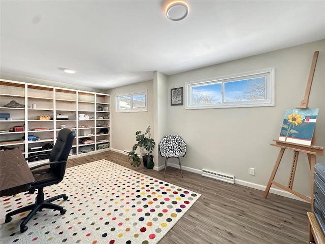 home office with dark wood-style flooring, baseboard heating, and baseboards