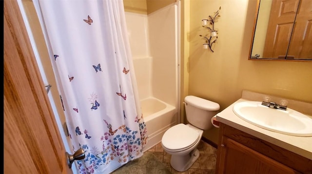 full bathroom featuring vanity, shower / tub combo, tile patterned flooring, and toilet