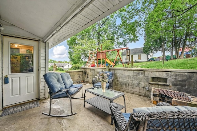 406 Spring St, Jamestown, PA 16134 - view of patio / terrace featuring a playground and an outdoor living space