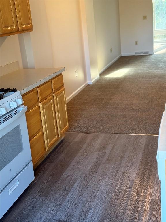 kitchen with white range and dark hardwood / wood-style floors