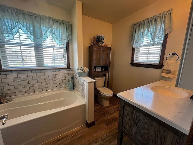 full bath featuring wood finished floors, toilet, a bath, and vanity