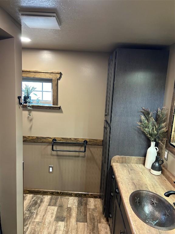 bathroom with vanity and hardwood / wood-style flooring