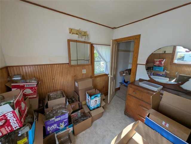 15916 Airport Rd, Linesville, PA 16424 - living room with a wainscoted wall, wooden walls, and plenty of natural light