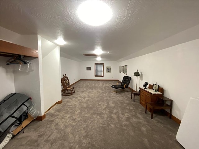 interior space with carpet flooring and a textured ceiling