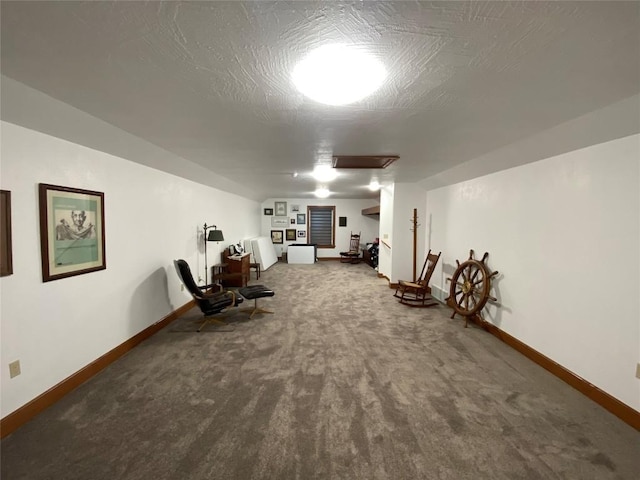 additional living space with carpet floors and a textured ceiling