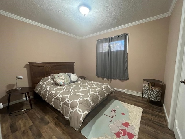 bedroom with a textured ceiling, crown molding, baseboard heating, and dark wood-type flooring