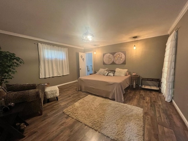 bedroom with ornamental molding and dark wood-type flooring