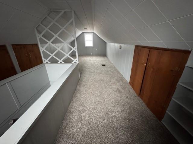 additional living space featuring vaulted ceiling and carpet floors