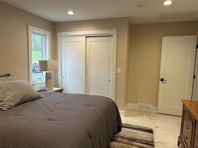 6170 Mistletoe Ave, Fairview, PA 16415 - bedroom with marble look tile flooring, recessed lighting, a closet, and baseboards