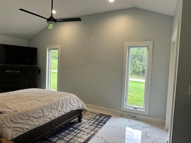 6170 Mistletoe Ave, Fairview, PA 16415 - bedroom featuring lofted ceiling, marble look tiles, recessed lighting, baseboards, and a ceiling fan