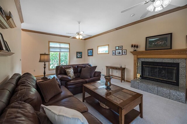 4031 Zimmerly Rd, Erie, PA 16506 - carpeted living area with a ceiling fan, crown molding, and a premium fireplace