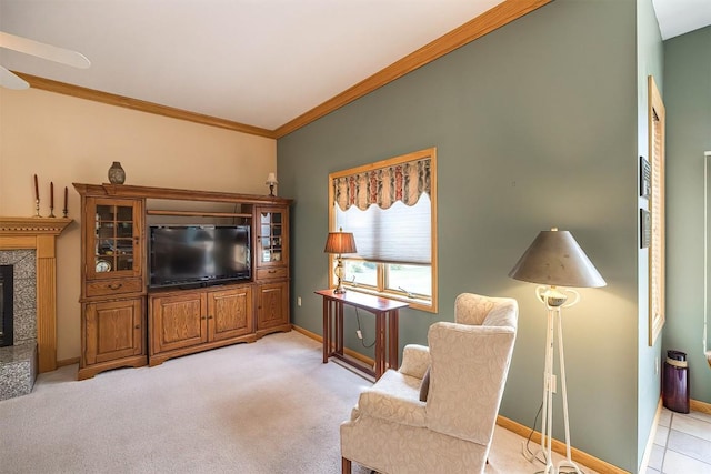4031 Zimmerly Rd, Erie, PA 16506 - living room featuring crown molding, ceiling fan, a premium fireplace, and light colored carpet