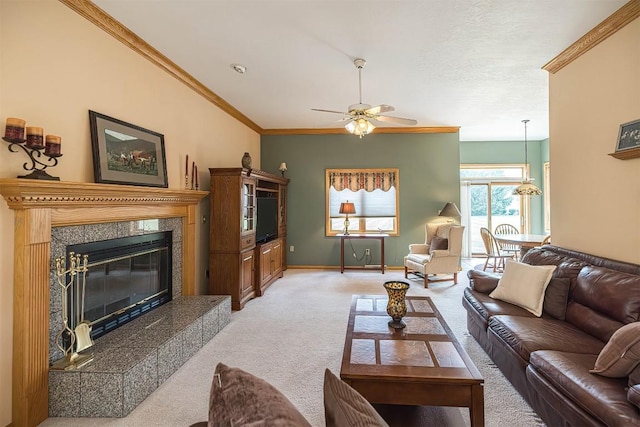 4031 Zimmerly Rd, Erie, PA 16506 - living room featuring light carpet, ceiling fan, crown molding, and a high end fireplace