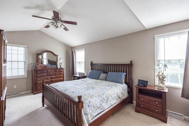 6018 Pebble Creek Dr, Fairview, PA 16415 - bedroom featuring multiple windows, light carpet, vaulted ceiling, and ceiling fan