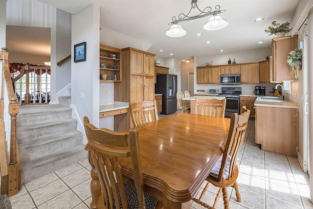6018 Pebble Creek Dr, Fairview, PA 16415 - dining area featuring light tile patterned flooring, stairs, and recessed lighting