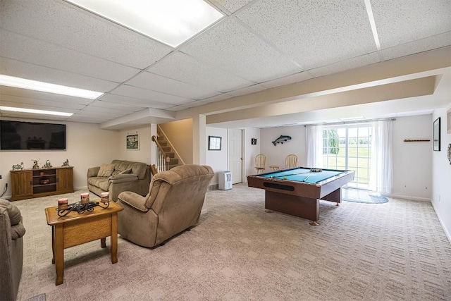 6018 Pebble Creek Dr, Fairview, PA 16415 - game room with light carpet, billiards table, and a paneled ceiling