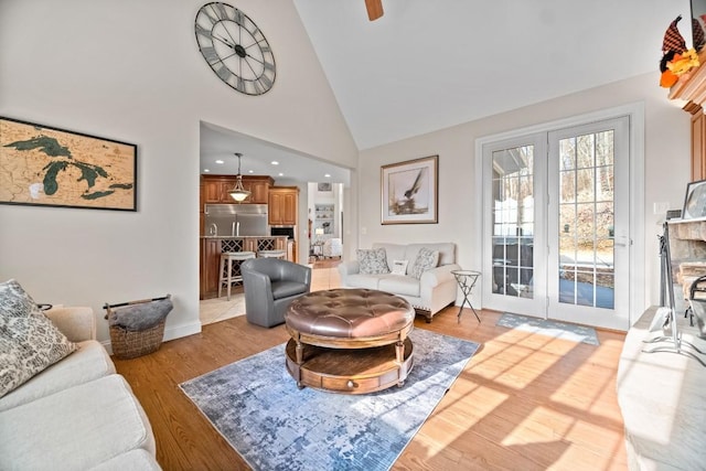 living room featuring light hardwood / wood-style floors and high vaulted ceiling