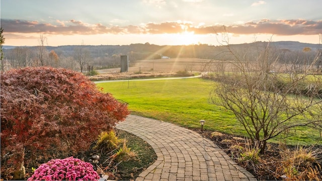 view of home's community featuring a lawn and a mountain view